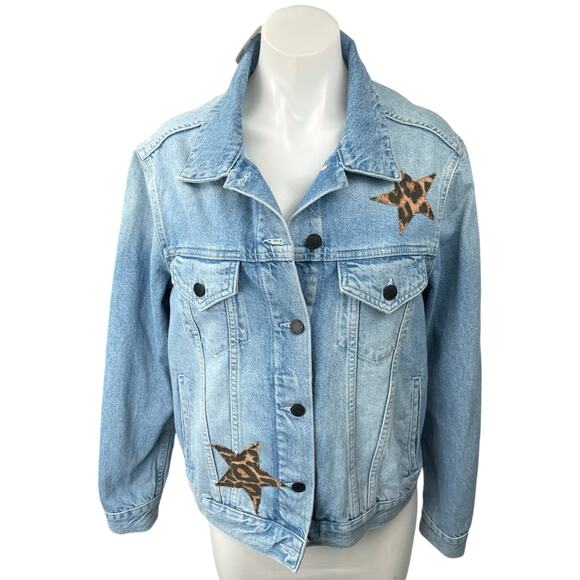 NEW Unemployed Denim Blue Star Leopard Patches Button Collar Jean Coat Jacket M - Picture 1 of 5